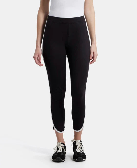 Super Combed Cotton Elastane Stretch Leggings with Contrast Side Piping - Black