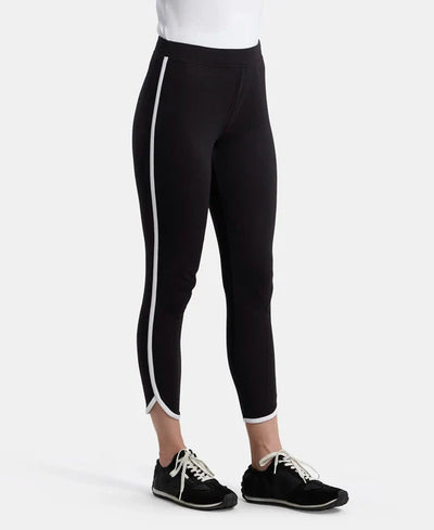 Super Combed Cotton Elastane Stretch Leggings with Contrast Side Piping - Black