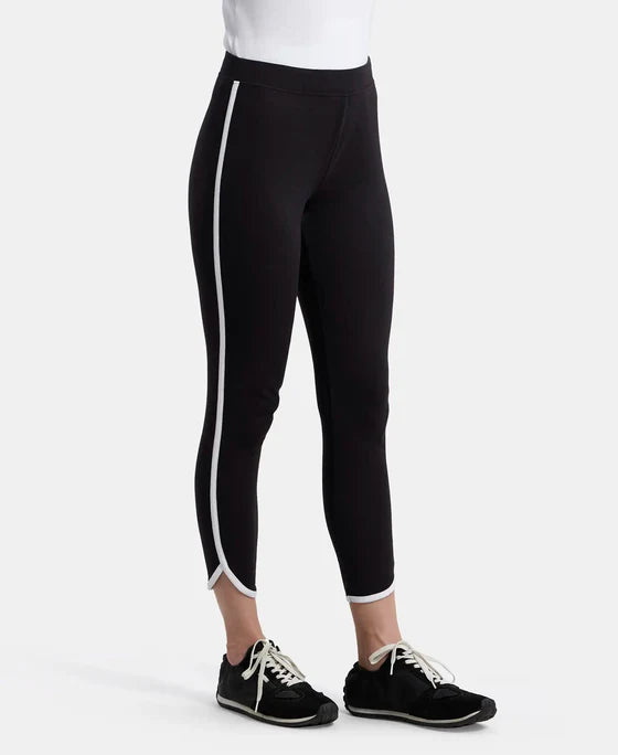 Super Combed Cotton Elastane Stretch Leggings with Contrast Side Piping - Black