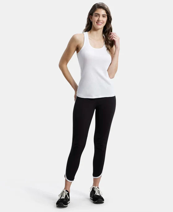 Super Combed Cotton Elastane Stretch Leggings with Contrast Side Piping - Black