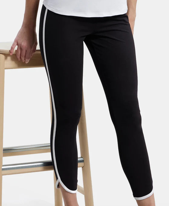 Super Combed Cotton Elastane Stretch Leggings with Contrast Side Piping - Black