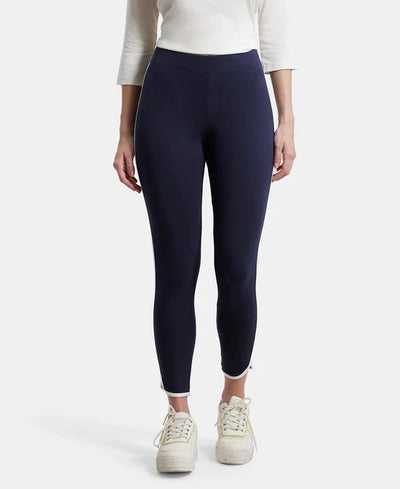 Super Combed Cotton Elastane Stretch Leggings with Contrast Side Piping - Black