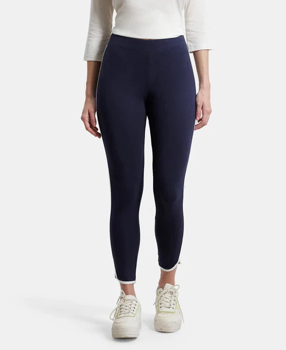Super Combed Cotton Elastane Stretch Leggings with Contrast Side Piping - Black