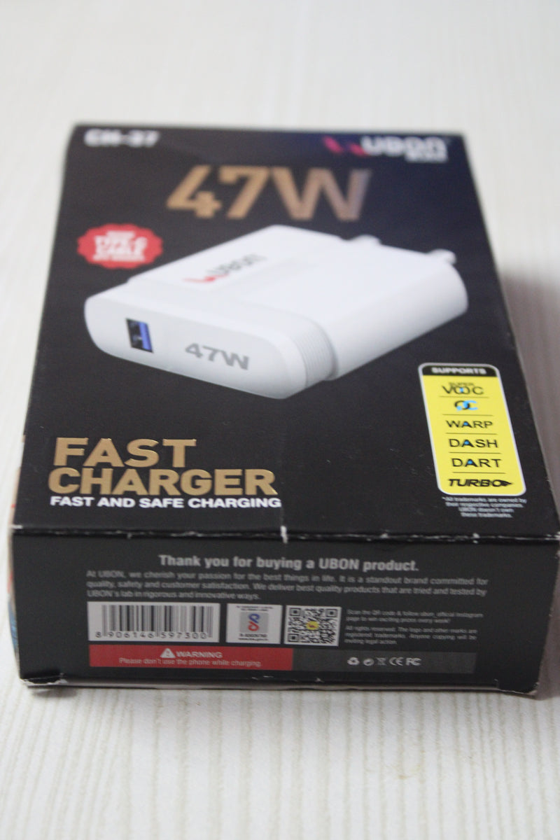 UBON 47W Super Fast Wall Charger – VOOC / Warp / Dash / Dart / Turbo Charge Supported | Dual Port | Universal Compatibility