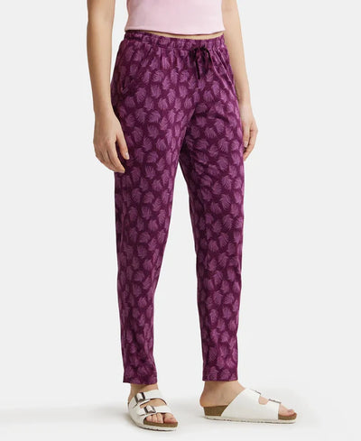 Micro Modal Cotton Relaxed Fit Printed Pyjama with Side Pockets - Purple Wine Assorted Prints