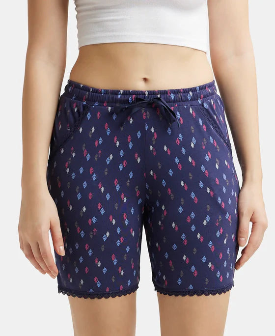 Micro Modal Cotton Relaxed Fit Printed Shorts with Side Pockets - Black