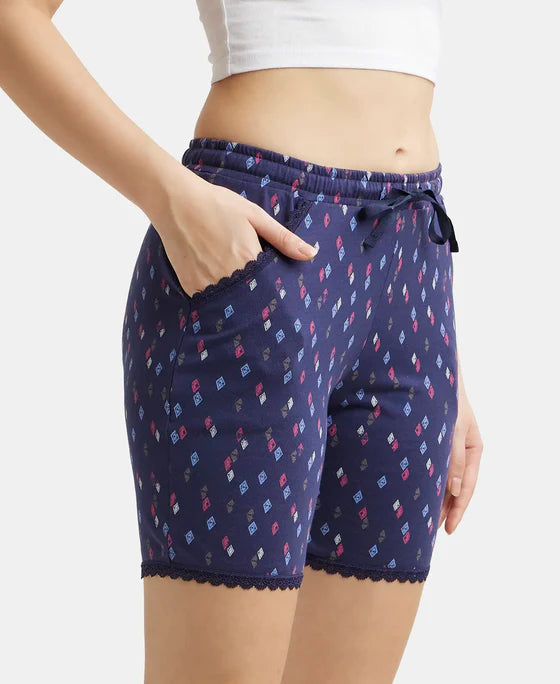 Micro Modal Cotton Relaxed Fit Printed Shorts with Side Pockets - Black