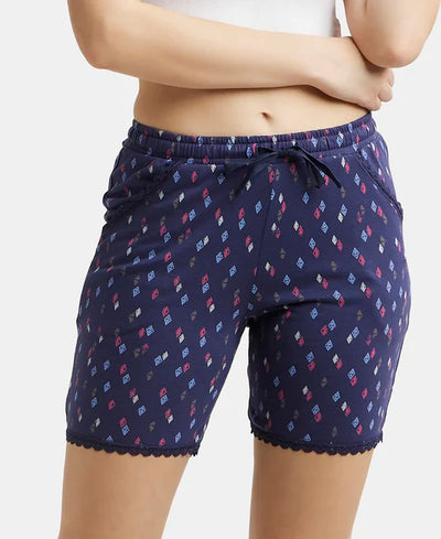 Micro Modal Cotton Relaxed Fit Printed Shorts with Side Pockets - Black