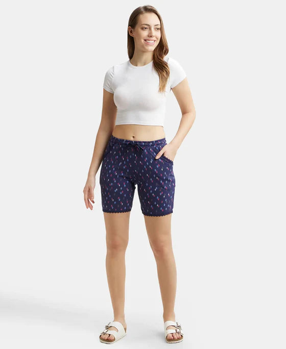 Micro Modal Cotton Relaxed Fit Printed Shorts with Side Pockets - Black