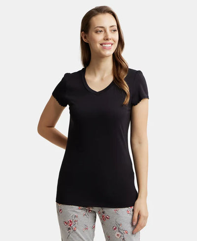 Micro Modal Cotton Relaxed Fit Solid V Neck Half Sleeve T-Shirt - Purple Wine