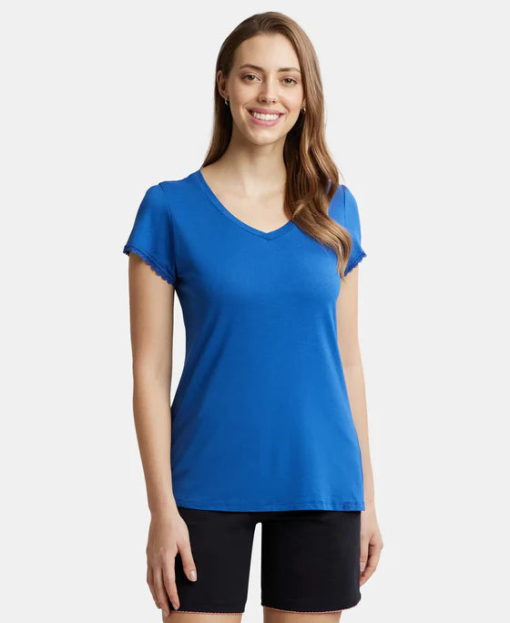 Micro Modal Cotton Relaxed Fit Solid V Neck Half Sleeve T-Shirt - Purple Wine
