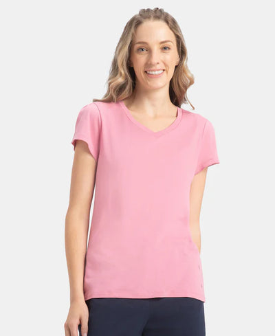 Micro Modal Cotton Relaxed Fit Solid V Neck Half Sleeve T-Shirt - Purple Wine