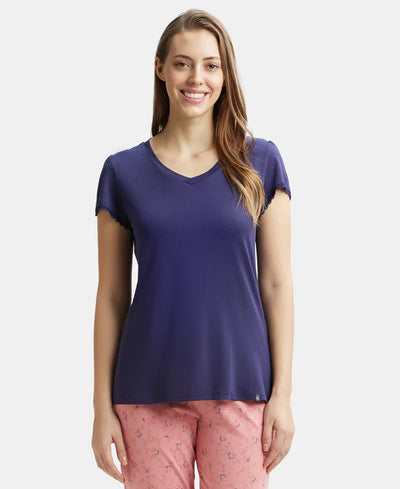 Micro Modal Cotton Relaxed Fit Solid V Neck Half Sleeve T-Shirt - Purple Wine