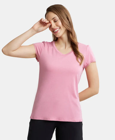 Micro Modal Cotton Relaxed Fit Solid V Neck Half Sleeve T-Shirt - Purple Wine