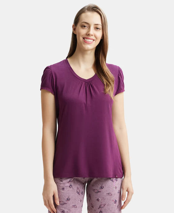 Micro Modal Cotton Relaxed Fit Solid V Neck Half Sleeve T-Shirt - Purple Wine