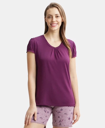 Micro Modal Cotton Relaxed Fit Solid V Neck Half Sleeve T-Shirt - Purple Wine