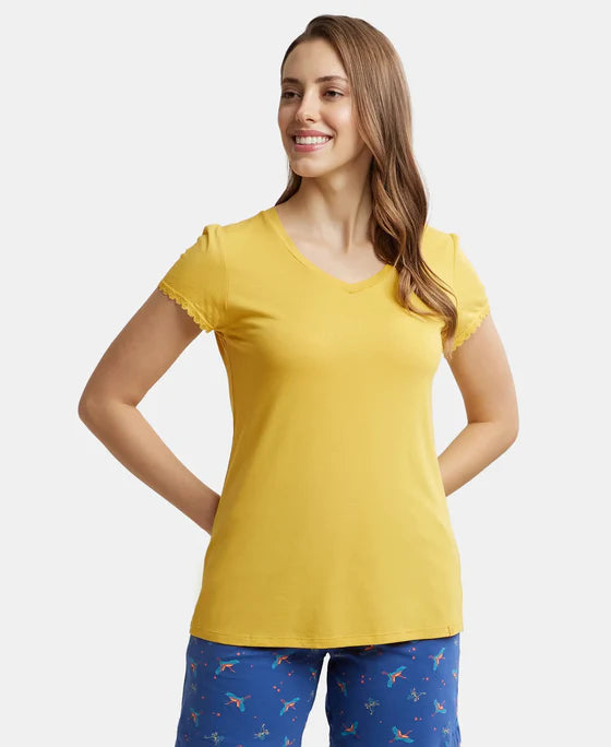 Micro Modal Cotton Relaxed Fit Solid V Neck Half Sleeve T-Shirt - Purple Wine