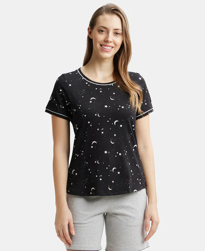Super Combed Cotton Relaxed Fit Printed Round Neck Half Sleeve T-Shirt with Contrast Piping Design - Classic Navy