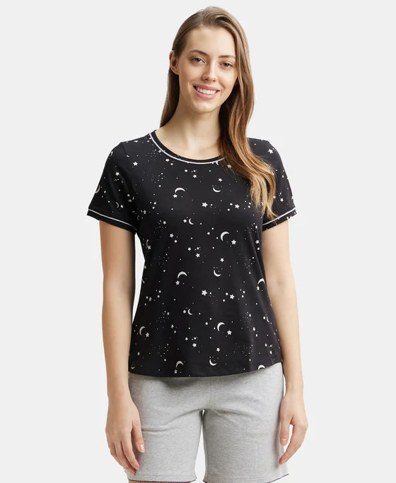 Super Combed Cotton Relaxed Fit Printed Round Neck Half Sleeve T-Shirt with Contrast Piping Design - Classic Navy