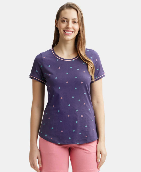 Super Combed Cotton Relaxed Fit Printed Round Neck Half Sleeve T-Shirt with Contrast Piping Design - Classic Navy