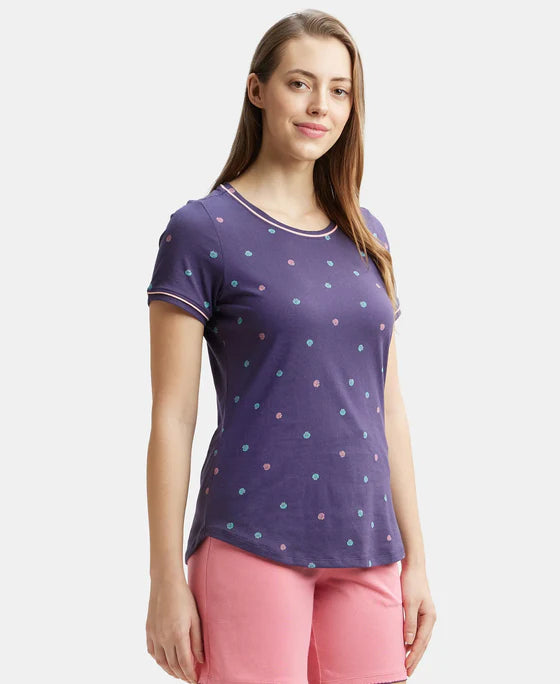 Super Combed Cotton Relaxed Fit Printed Round Neck Half Sleeve T-Shirt with Contrast Piping Design - Classic Navy