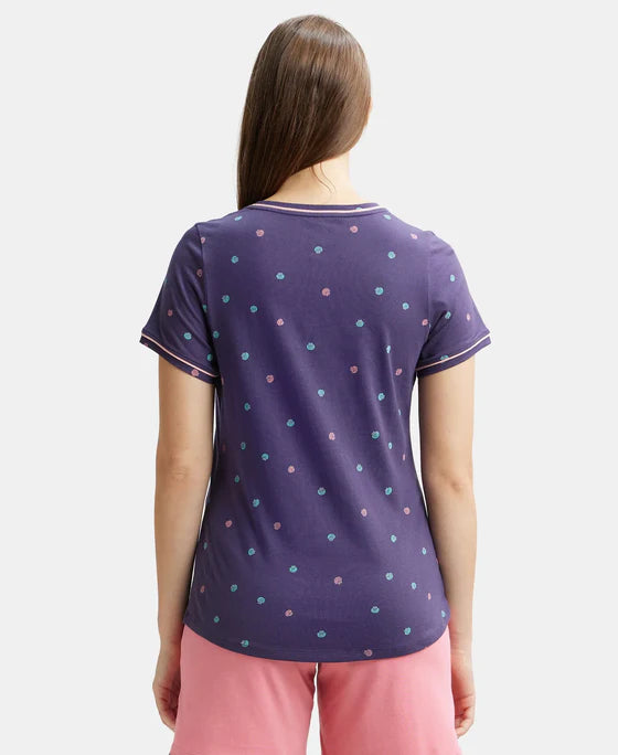 Super Combed Cotton Relaxed Fit Printed Round Neck Half Sleeve T-Shirt with Contrast Piping Design - Classic Navy