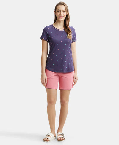 Super Combed Cotton Relaxed Fit Printed Round Neck Half Sleeve T-Shirt with Contrast Piping Design - Classic Navy