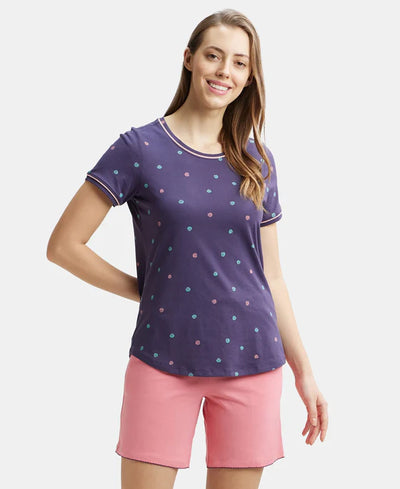 Super Combed Cotton Relaxed Fit Printed Round Neck Half Sleeve T-Shirt with Contrast Piping Design - Classic Navy