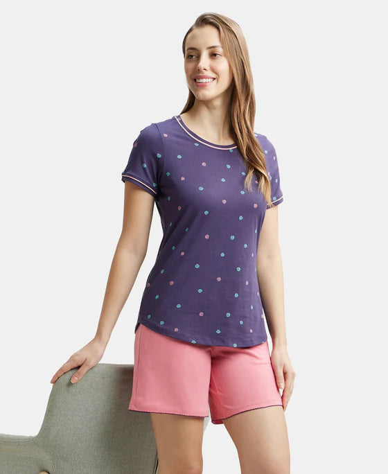 Super Combed Cotton Relaxed Fit Printed Round Neck Half Sleeve T-Shirt with Contrast Piping Design - Classic Navy