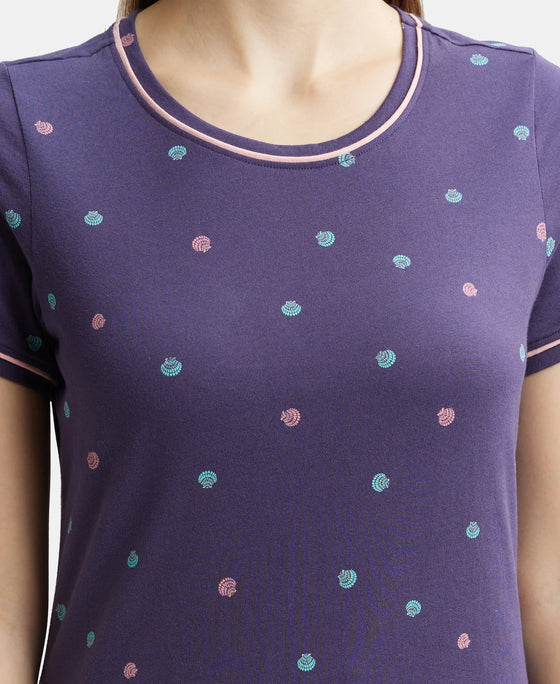 Super Combed Cotton Relaxed Fit Printed Round Neck Half Sleeve T-Shirt with Contrast Piping Design - Classic Navy