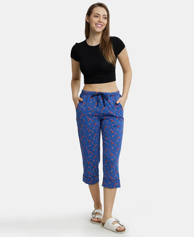 Super Combed Cotton Printed Elastane Slim Fit Capri with Ultrasoft Waistband - Blue Quartz