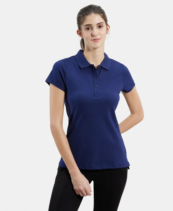 Super Combed Cotton Elastane Stretch Pique Fabric Regular Fit Printed Half Sleeve Polo T-Shirt - Imperial Blue