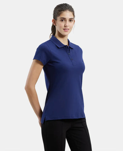 Super Combed Cotton Elastane Stretch Pique Fabric Regular Fit Printed Half Sleeve Polo T-Shirt - Imperial Blue