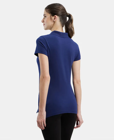 Super Combed Cotton Elastane Stretch Pique Fabric Regular Fit Printed Half Sleeve Polo T-Shirt - Imperial Blue