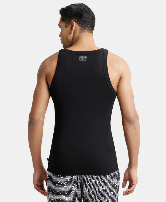 Super Combed Cotton Rib Square Neck Gym Vest - Black