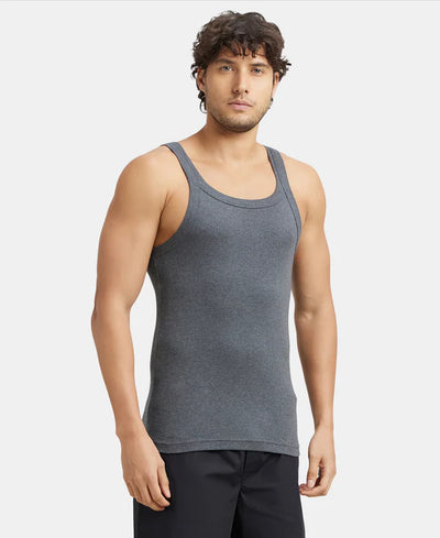 Pack of 3 Super Combed Cotton Rib Square Neck Gym Vest - Navy, Charcoal Melange & Black
