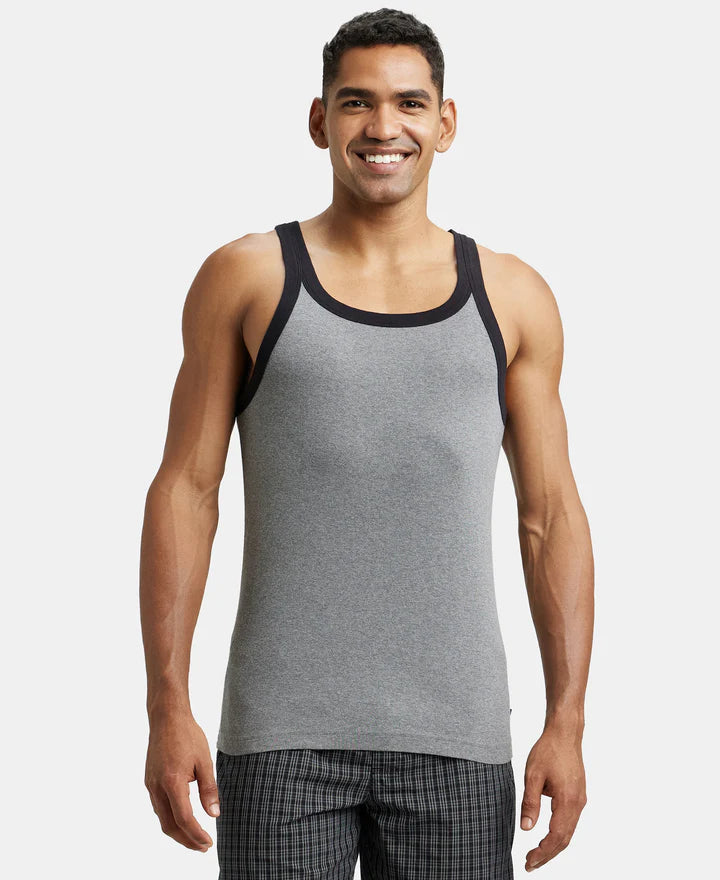 Super Combed Cotton Rib Square Neck Gym Vest - Olive & Black