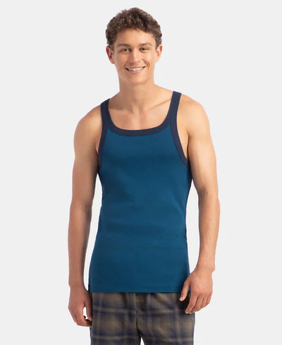 Super Combed Cotton Rib Square Neck Gym Vest - Olive & Black