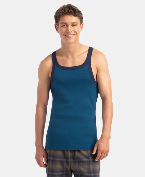 Super Combed Cotton Rib Square Neck Gym Vest - Olive & Black