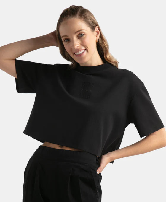 Super Combed Cotton Rich Elastane Stretch Oversized Boxy Fit Crop Top - Deep Black