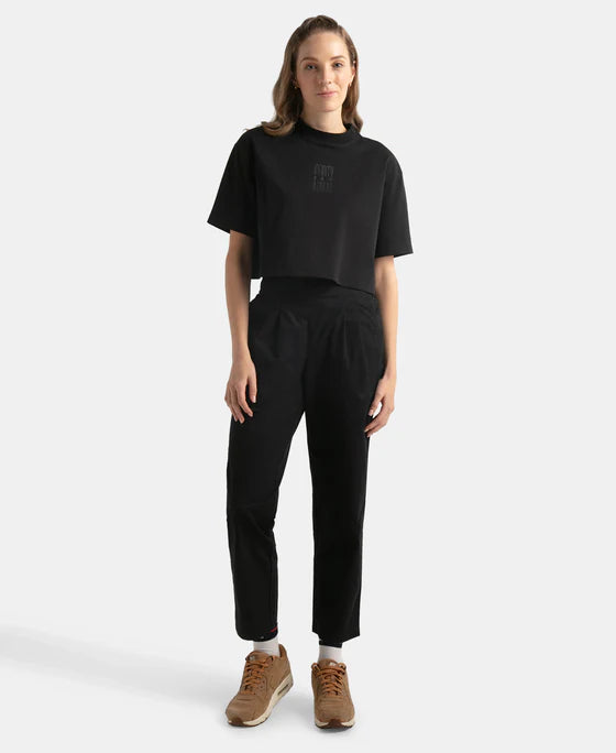 Super Combed Cotton Rich Elastane Stretch Oversized Boxy Fit Crop Top - Deep Black