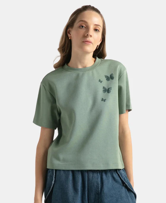 Super Combed Cotton Rich Oversized Graphic Print T-Shirt with Drop Shoulder Styling - Lily Pad